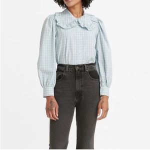Levi’s long sleeve blue and white plaid puffed sleeve blouse